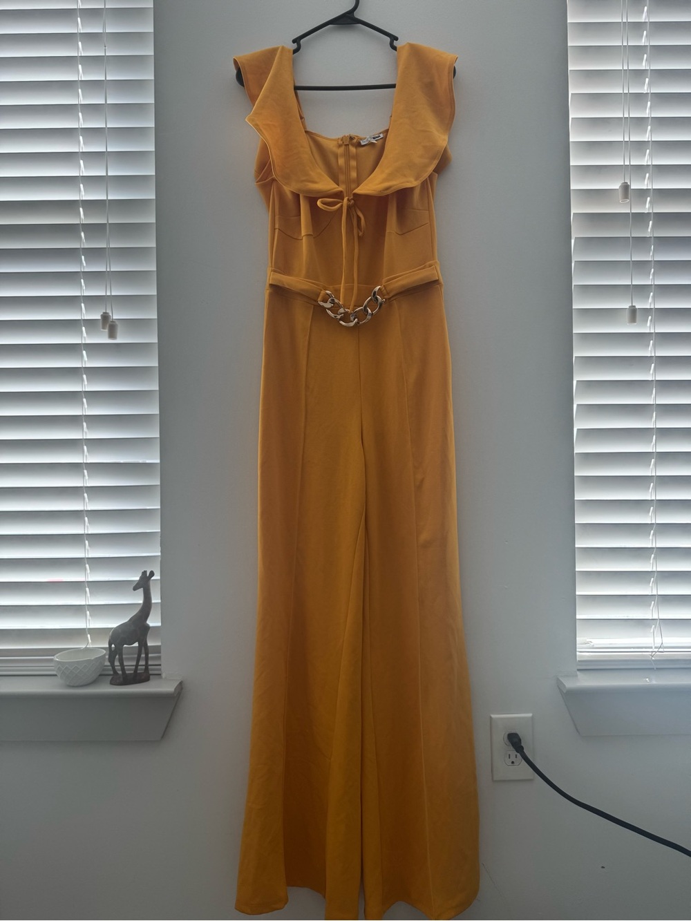 Fashion Nova Mustard Yellow Ruffle-Neck Wide-Leg Jumpsuit with Chain Detail